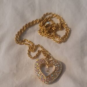Vintage Sarah‎ Coventry Heart Watch Necklace Pendant  Goldtone AB Rhinestones